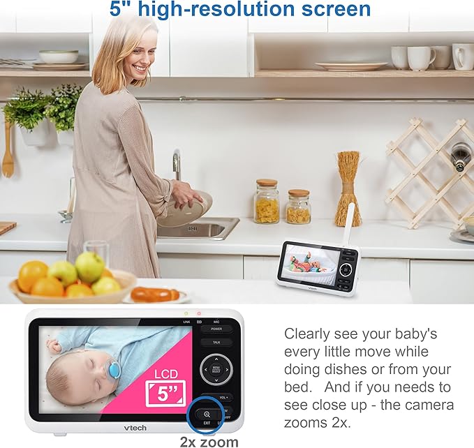 VTech VM350 No WiFi Video Baby Monitor - 5" High-Resolution Screen, Fixed Camera with 2X Zoom, 1000ft Range, Automatic Night Vision, 2-Way Talk, Lullabies, Temperature Sensor
