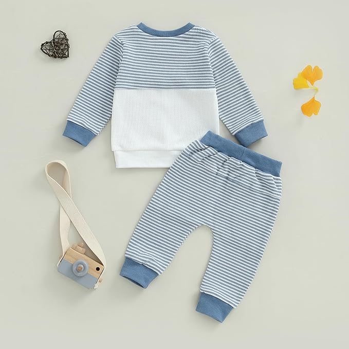 Toddler Baby Boy Fall Outfit Long Sleeve Crew Neck Contrast Color Sweatshirt Top Pant Cute Newborn Infant Waffle Clothes
