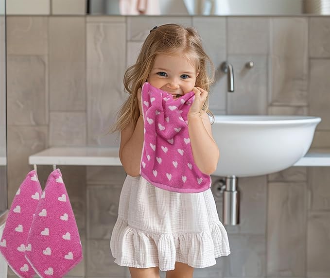 ORIGINAL KIDS Wash Cloth - Bath Time Hearts 12 Pack Washcloth Set - 100% Cotton Jacquard Colorful Absorbent Quick Dry Face Towel - Super Soft Face Cloth 12x12 inches - Pink White