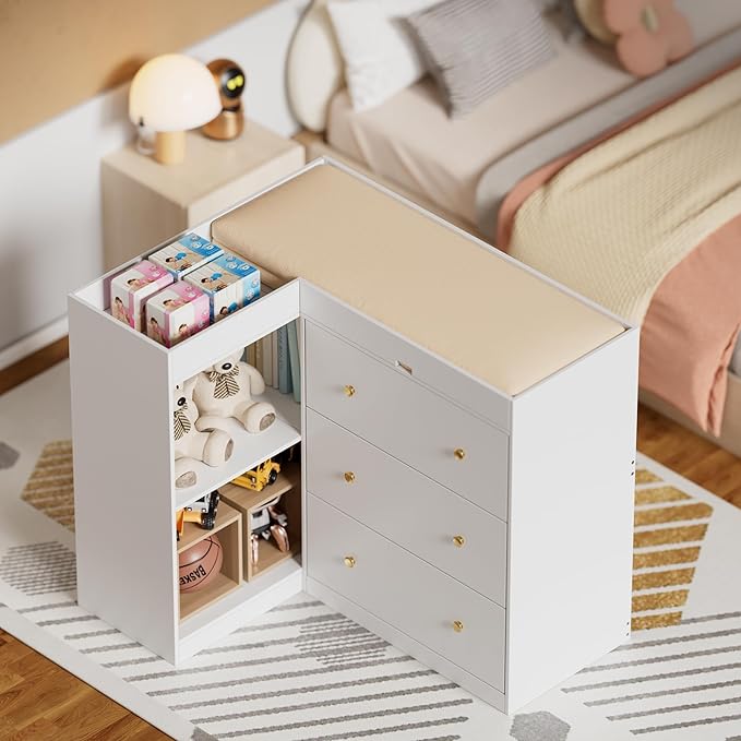 Modern Nursery Changing Table Dresser,Corner Baby Dressing Table with 5 Drawers,2 Open Storage Racks,Multi Functional Diaper Changing Station for Children's Rooms,for The Nursery, White