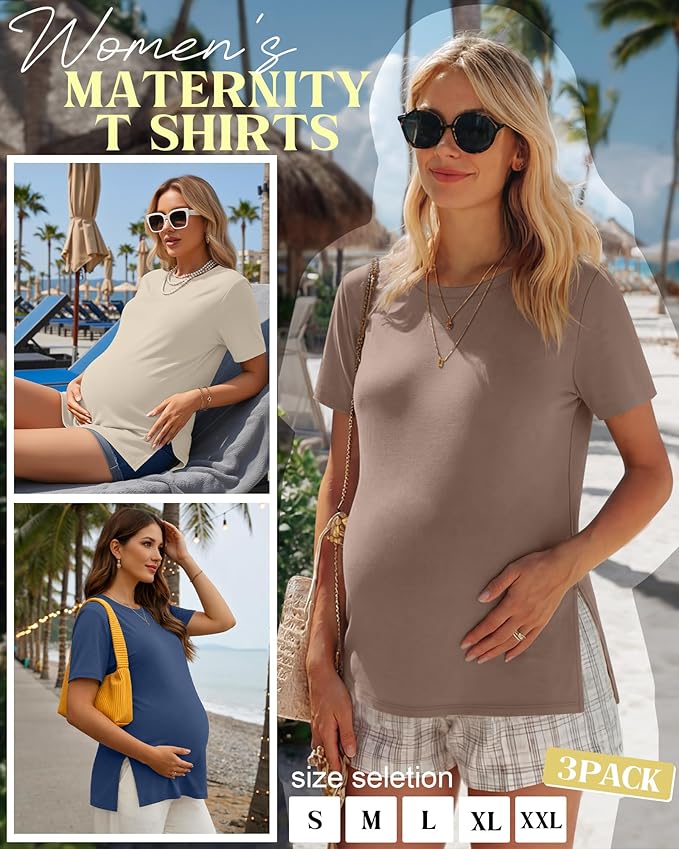 Ficerd 3 Pack Women's Maternity T Shirts, Short Sleeve Side Split Pregnancy Tops Casual Crew Neck Pregnant Tees Mama Clothes