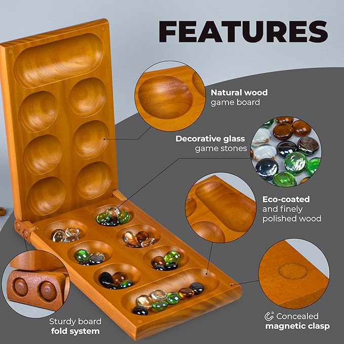 Mancala Board Game with Magnetic Lock – Classic 2-Player Folding Game – Wooden Mancala Set with 56 Glass Pebbles – Mancala Game for Kids and Adults