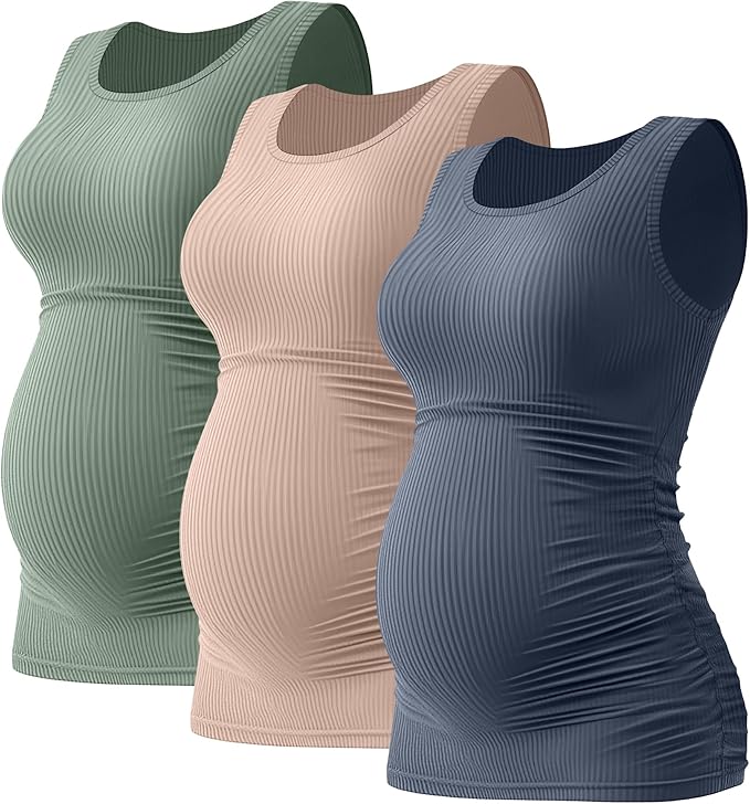 Riyiper 3 Pack Women's Maternity Tank Tops, Sleeveless Cotton Pregnancy Shirts Ribbed Knit Sides Ruched Basic Mama Clothes
