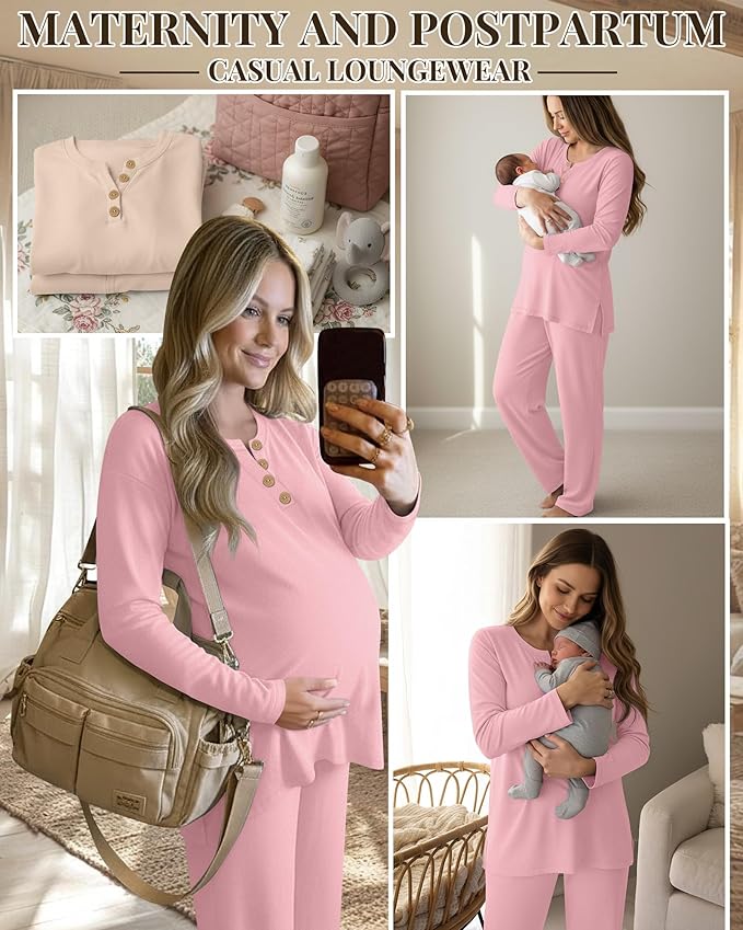 2 Piece Thermal Maternity Lounge Set Postpartum Pregnancy Fleece Loungewear Long Sleeve Top and Wide Leg Pant