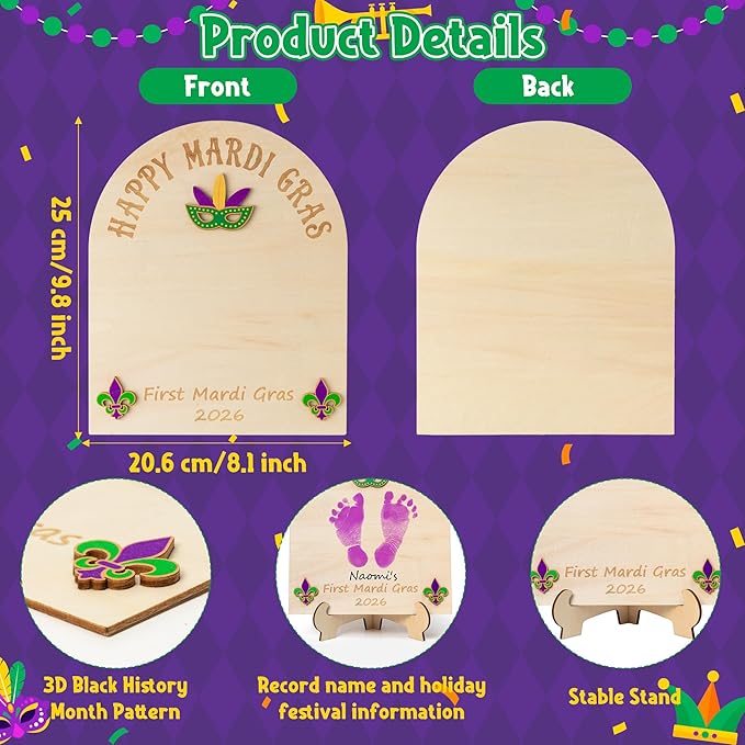 R HORSE 3D Baby's First Mardi Gras Footprint or Handprint Art Sign Craft, Happy Mardi Gras DIY Wooden Hanging Decoration, Newborn Keepsake Gift for Unisex Baby Carnival Party Photo Prop Nursery Decor