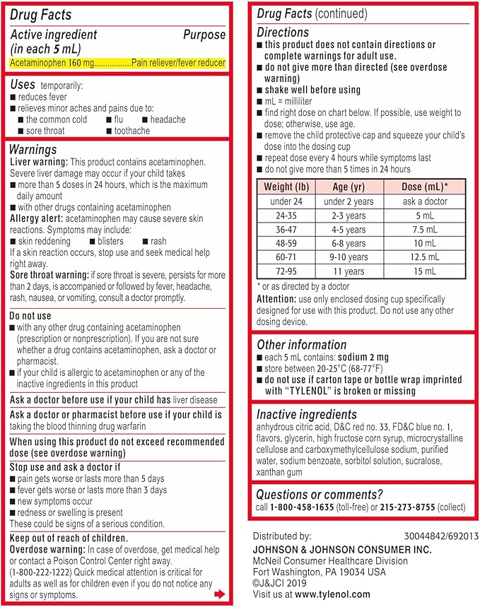 Children's Tylenol Liquid Oral Suspension Medicine, Acetaminophen Pain Reliever & Fever Reducer for Cold + Flu Symptoms & Sore Throat, Aspirin-, Ibuprofen- & Alcohol- Free, Grape, 4 fl. oz