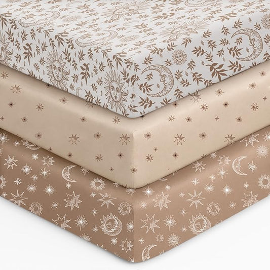 Baby Crib Sheets for Boys Girls, 28x52x8in Fitted Crib Sheet Neutral 3 Pack for Standard Crib and Toddler Mattress, Breathable Soft Microfiber Baby Sheet White Brown Sun God