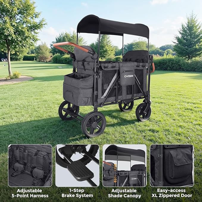 Premium 4-Seater Wagon Stroller for Kids, All-Terrain Heavy Duty Stroller Wagon with 300lb Capacity, 1-Hand Fold, High Seats with 5-Point Harness, Adjustable Canopy & Handlebars, Dark Gray