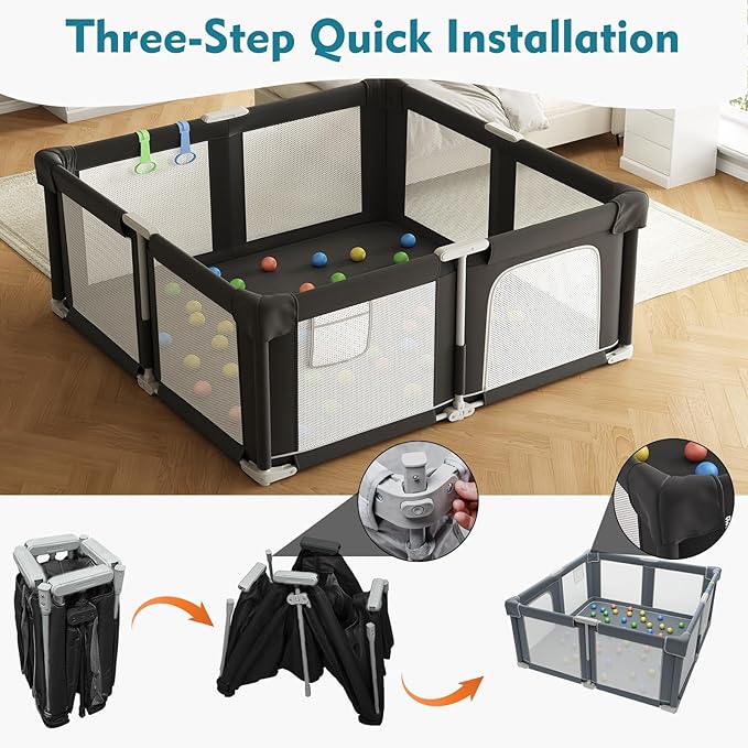 Foldable Playpen for Babies and Toddlers, 51" Portable Play Pen with Mat and Ocean Balls, Play Yard with with Visible Mesh for Inddor and Outdoor, No Assembly Required, Black