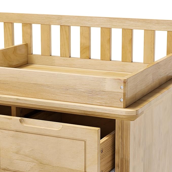 Homsee Baby Changing Table Dresser, 100% Solid Wood Infant Diaper Changing Station Combo, 10-Drawer Baby Nursery Dresser with Removable Tray for Children's Room Bedroom, Nature Color 55.1"W