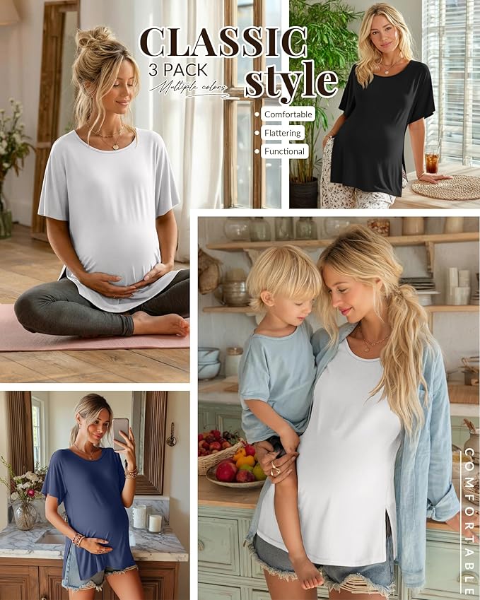 Riyiper 3 Pack Women's Maternity Tunic Shirts Cotton Summer Pregnancy Clothes Loose Oversized Split Side Blouse Tops