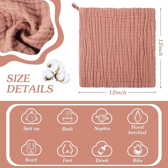 8 Pcs Baby Washcloths for Newborn 12 x 12 Inch Muslin Face Towels Cotton Absorbent for Delicate Skin Soft Muslin Cloth Reusable Baby Registry as Shower Gift, 4 Colors (Pink Color)