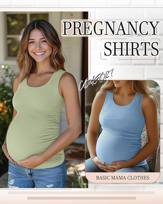 Riyiper 3 Pack Women's Maternity Tank Tops, Sleeveless Cotton Pregnancy Shirts Ribbed Knit Sides Ruched Basic Mama Clothes