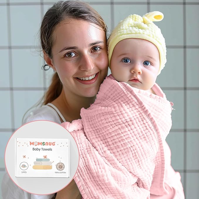 Muslin Hooded Baby Bath Towel Set 3 Pack, Muslin Cotton Baby Towels with Hood for Newborn, Baby Beach Towels for Boy, Girl, Babies, Infant, Toddler and Kids (35 X 35 Inch)(Light Green + Pink + Yellow)
