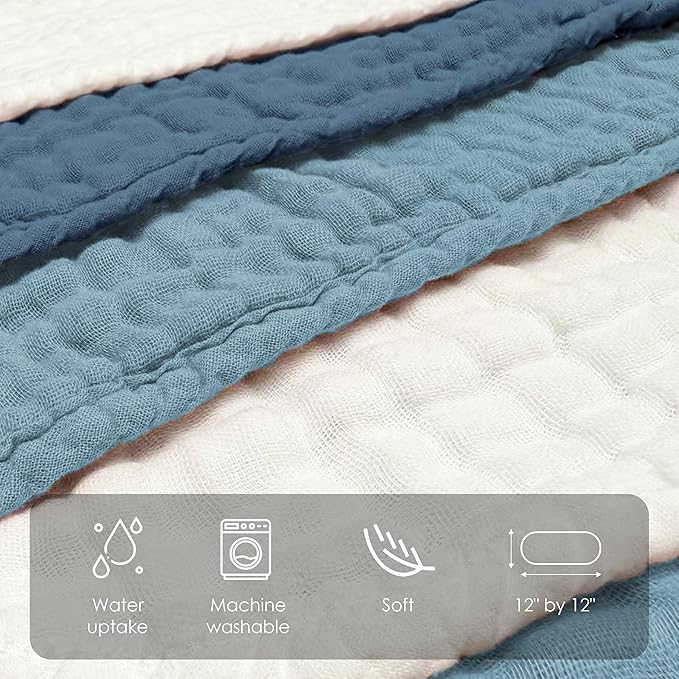 Sunny zzzZZ Baby Muslin Washcloths -100% Cotton Muslin Soft Baby Bath Wash Cloths and Absorbent Burp Cloths for Newborns Kids Girls and Boys -12 Pack, 12x12 Inches - White+Light Navy Series