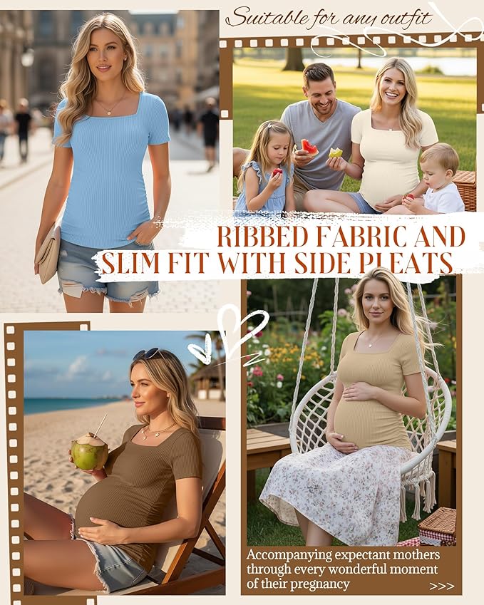 Huukeay 4 Pack Women's Maternity Shirts Cotton Ribbed Short Sleeve Square Neck Pregnancy Tops Side Ruched Summer Tee