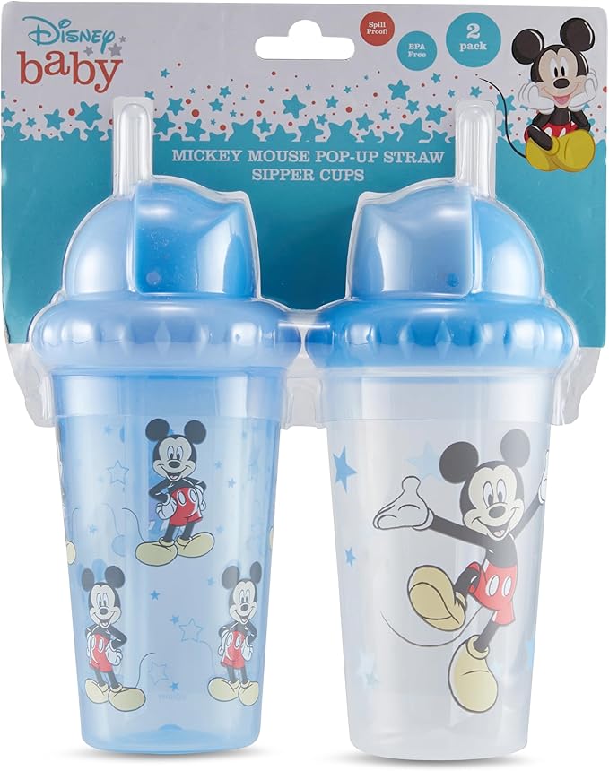 Disney Toddler Sippy Cups for Boys and Girls | 10 Ounce Sippy Cup Pack of Two with Straw and Lid | Durable Leak Proof Travel Water Bottle for Toddlers