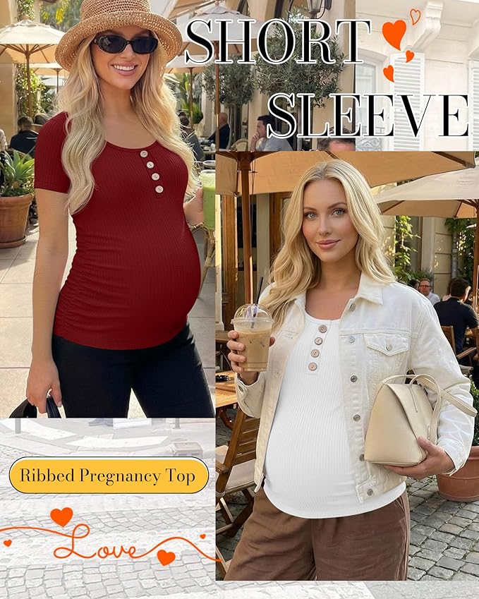 4 Pack Womens Maternity Shirts Scoop Neck Cotton Short Sleeve Ribbed Pregnancy Top Henley Side Ruched Mama Clothes