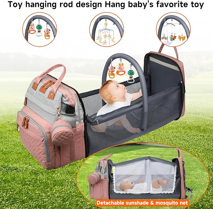 Baby Diaper Bags with Changing Station, Large Capacity Diaper Bag Backpack for Moms Dads with USB Charging Port,Travel Baby Bag with Pacifier Case,Baby Essentials(Up-PinkGrey)