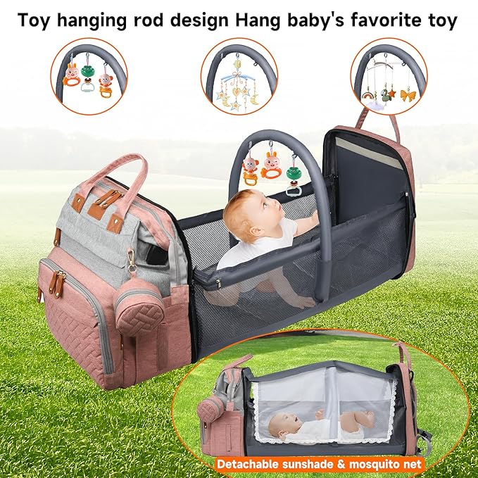 Baby Diaper Bags with Changing Station Multifunctional Waterproof Diaper Bag Backpack Travel Baby Bag with Changing Pad, Pacifier Case,Baby Essentials(PinkGrey)