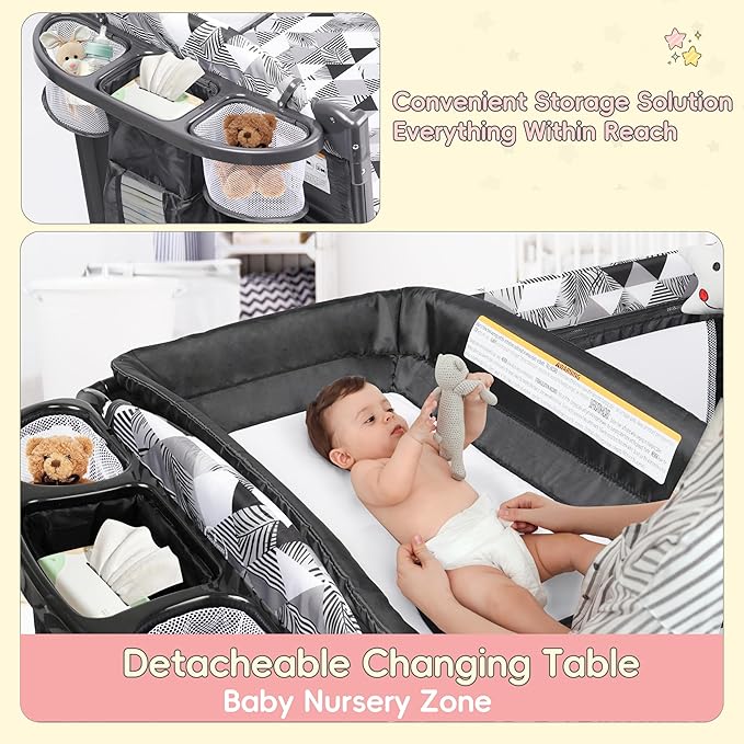 Xilingol 5-in-1 Baby Bassinet Bedside Sleeper, Portable Pack and Play with Changing Table, Baby Crib with Carry Bag, Cosleeper Bassinet Attach to Bed for Newborn to Toddlers