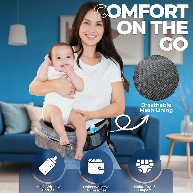 8-in-1 Toddler Hip Carrier for Baby with Extender, Certified Multi Position Baby Hip Carrier Seat for Newborns, Upto 45 Lbs Baby Side Carrier with Safety Buckles, Non-Slip Seat, Storage Pocket, Gray