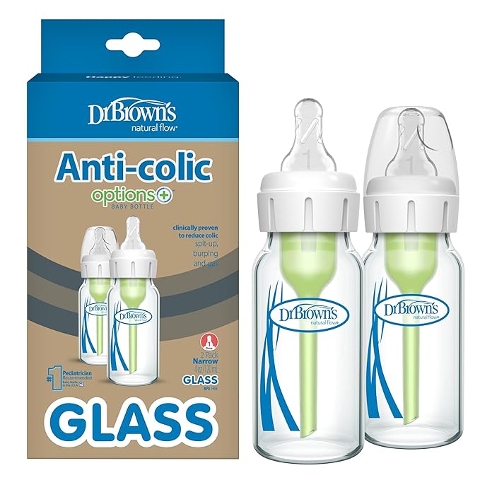 Dr. Brown's Anti-Colic Options+ Narrow Glass Baby Bottle with Level 1 Slow Flow Nipple, BPA-Free, 4 oz/120mL, 2-Pack (Packaging May Vary)