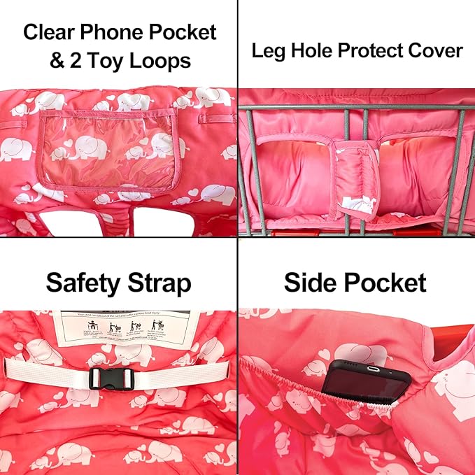 Love&go Soft Pillow Attached 2-in-1 Shopping Cart and High Chair Cover for Baby, Cotton Padded Cart Cover, Fold'n Roll Style, Portable with Carry Bag (Pink Elephant)