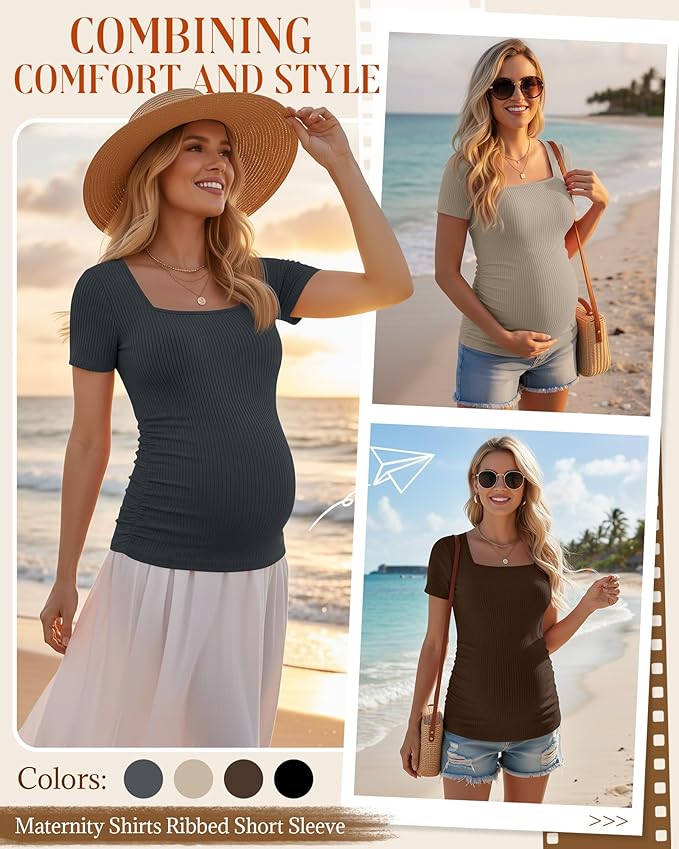 Huukeay 4 Pack Women's Maternity Shirts Cotton Ribbed Short Sleeve Square Neck Pregnancy Tops Side Ruched Summer Tee