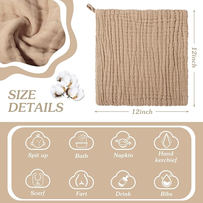 8 Pcs Baby Washcloths for Newborn 12 x 12 Inch Muslin Face Towels Cotton Absorbent for Delicate Skin Soft Muslin Cloth Reusable Baby Registry as Shower Gift, 4 Colors (Light Color)
