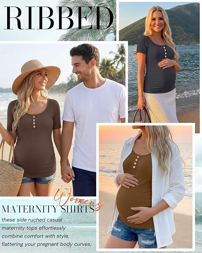 4 Pack Womens Maternity Shirts Scoop Neck Cotton Short Sleeve Ribbed Pregnancy Top Henley Side Ruched Mama Clothes
