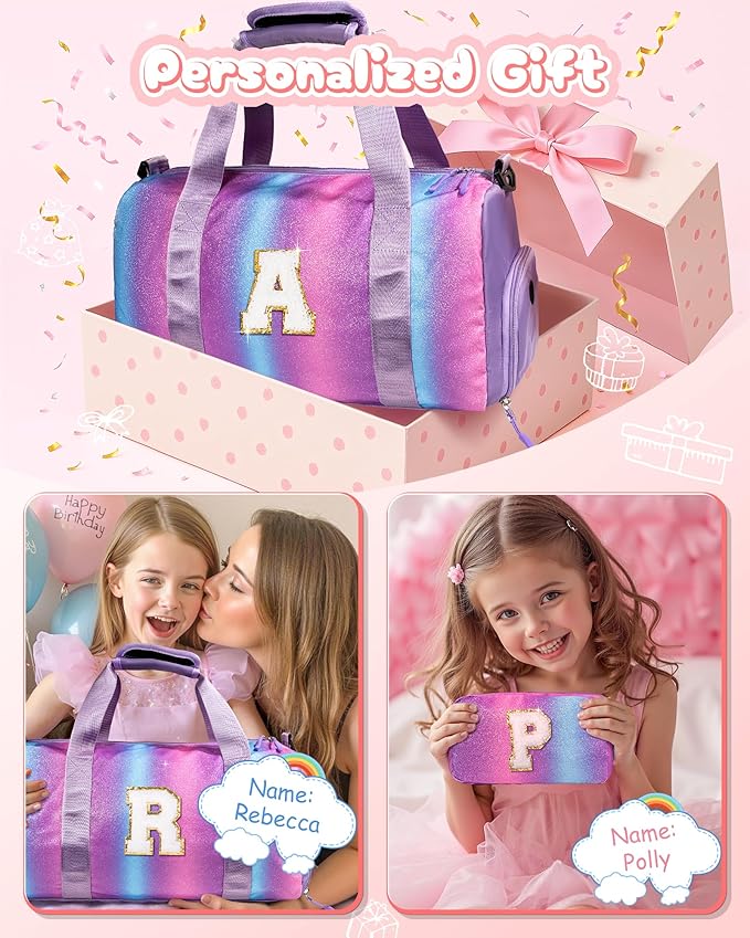 Girls Gifts 9-10 Year Old-Girl Gym Bag with Shoe Compartment, Kid Personalized Weekender Overnight Bags, Initial Travel Tote with Makeup Pouch, Kids Easter Gift (Letter V)