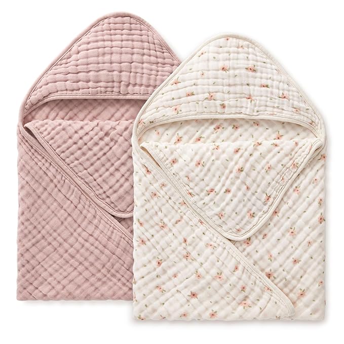 Blissful Diary Muslin Baby Hooded Towel 2 Pack, Soft & Absorbent Bath Towel for Baby Girls, Infant Gift, Newborn Essentials, Pink Floral & Light Pink