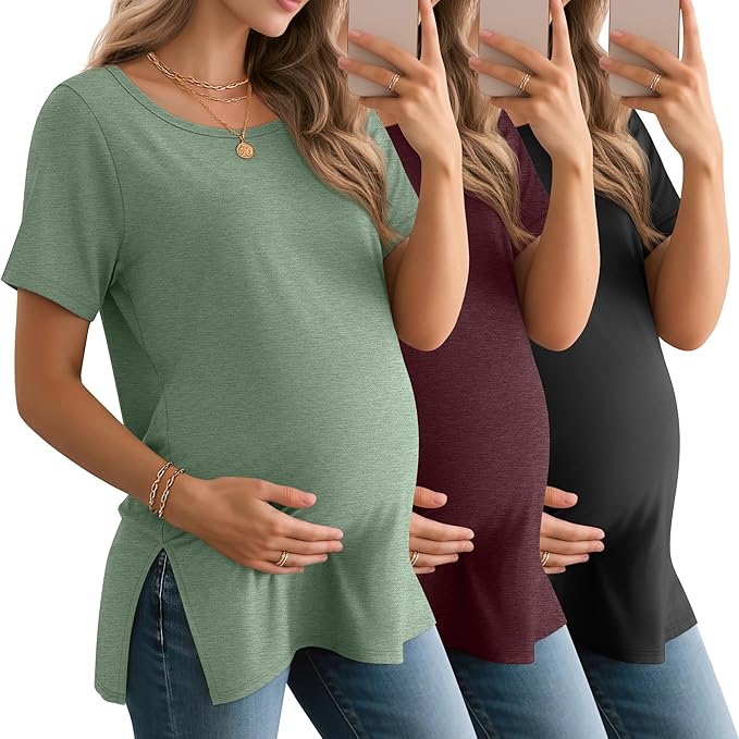 3 Pack Women's Maternity Shirts Short Sleeve Round Neck Side Split Pregnancy Tops Loose Summer Casual Mama Clothes