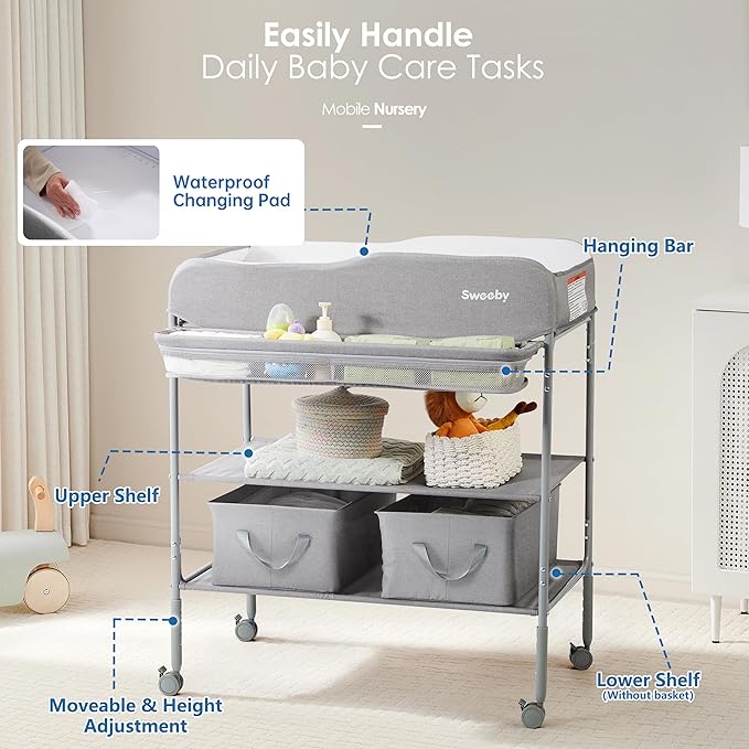 Sweeby Portable Baby Changing Table, Non-Foldable Changing Table Dresser Changing Station for Infant, Waterproof Pad Topper, Mobile Nursery Organizer for Newborn Essentials, Gray, Classic