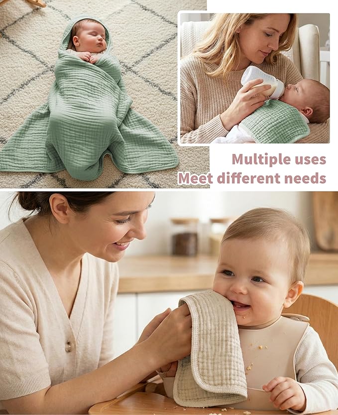 6Pcs Baby Muslin Hooded Bath Towels and Washcloths,32"x 32" Muslin Cotton Hooded Baby Towels for Newborn Shower