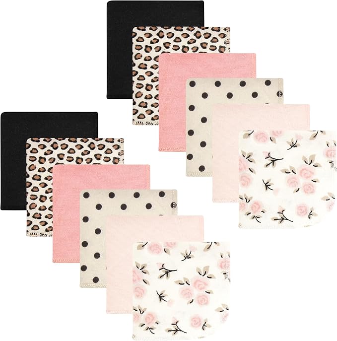 Hudson Baby Unisex Baby Flannel Cotton Washcloths, Neutral Pink Floral 12 Pack, One Size