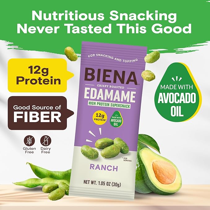 Biena Crispy Roasted Edamame Beans Snack – High Protein Low Carb Snack for Adults & Kids, 12g Protein per Serving - Made w/Avocado Oil – Vegan, Gluten-Free – 10-Pack, 1.05oz Bags, Ranch