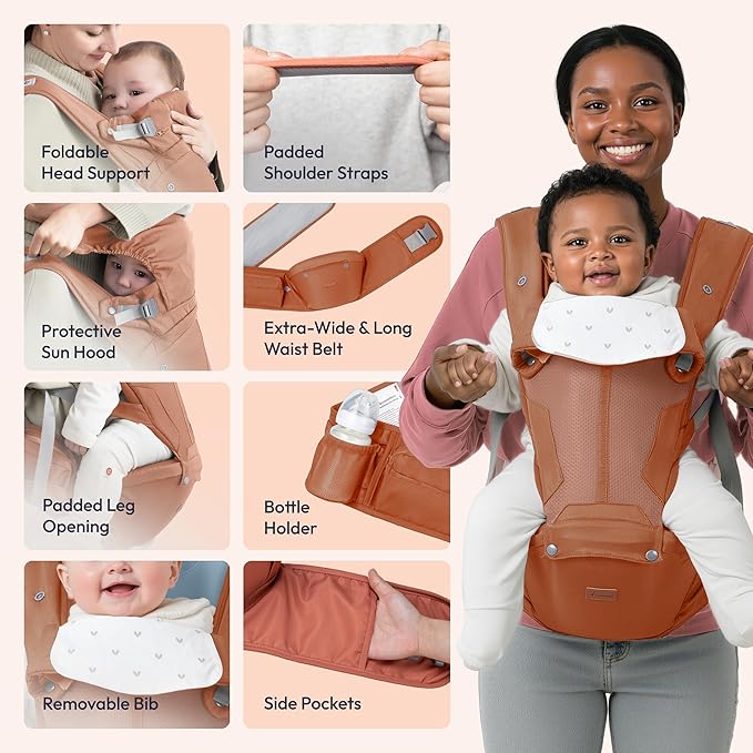 BabbleRoo Grow Carrier – Safety-Certified 6-in-1 Toddler & Baby Carrier with Hip Seat, Ergonomic & Adjustable Toddler Carrier 7-50 lbs with Hip Support, Hood for Sun Protection, Newborn to Toddler