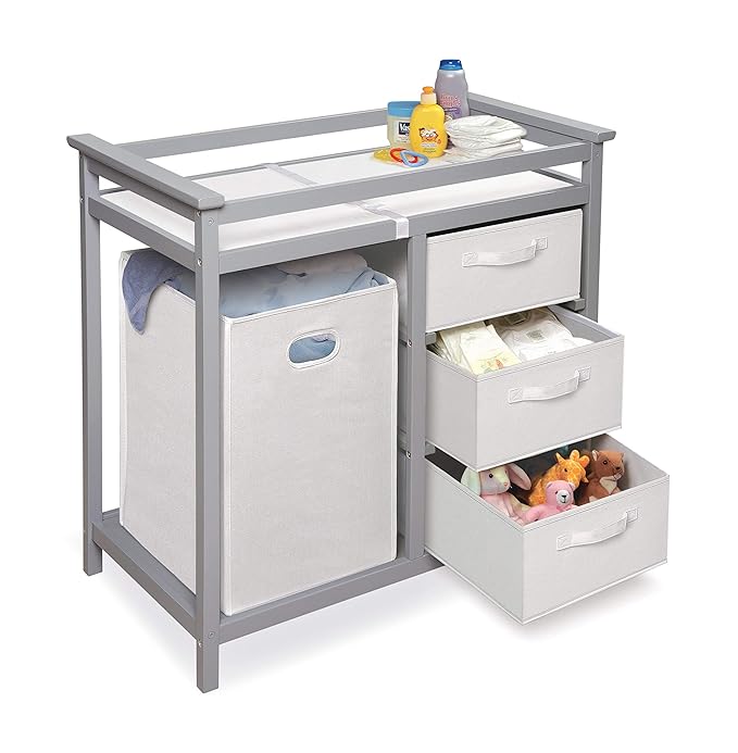Badger Basket Modern Baby Changing Table - Nursery Furniture with Laundry Hamper and 3 Storage Drawers - Diaper Changing Station with Safety Belt, Changing Pad, and Organizer Baskets - Gray and White