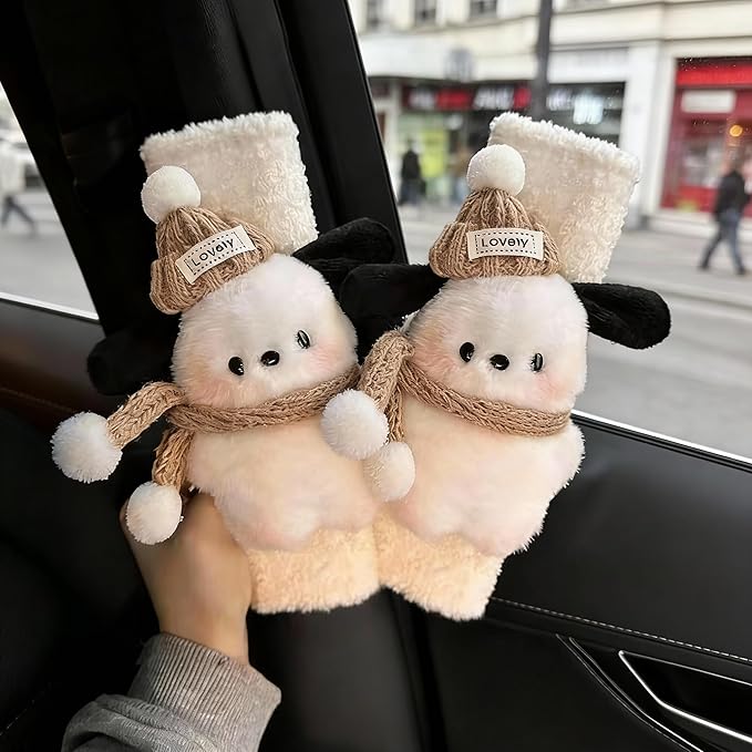 2 PCS Seat Belt Cover Pad, Cute Kawaii Animal Dog Seatbelt Covers for Kids and Adults, Winter Plush Fluffy Soft Seat Belt Cover, Cartoon Seatbelt Cushion,Car Seat Strap Pads (G-Dog(Khaki))