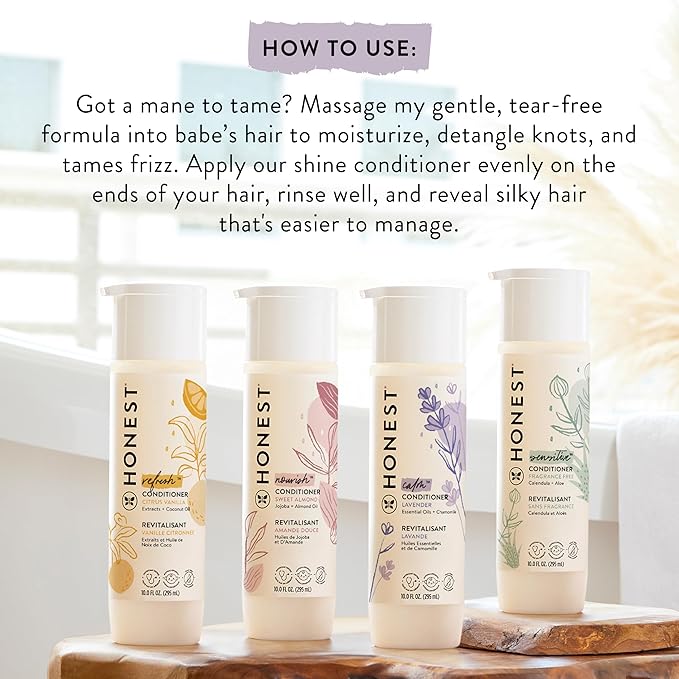 The Honest Company Silicone-Free Conditioner, Gentle, Hypoallergenic, Naturally Derived Ingredients, Fragrance-Free for Sensitive Skin, 10 fl oz