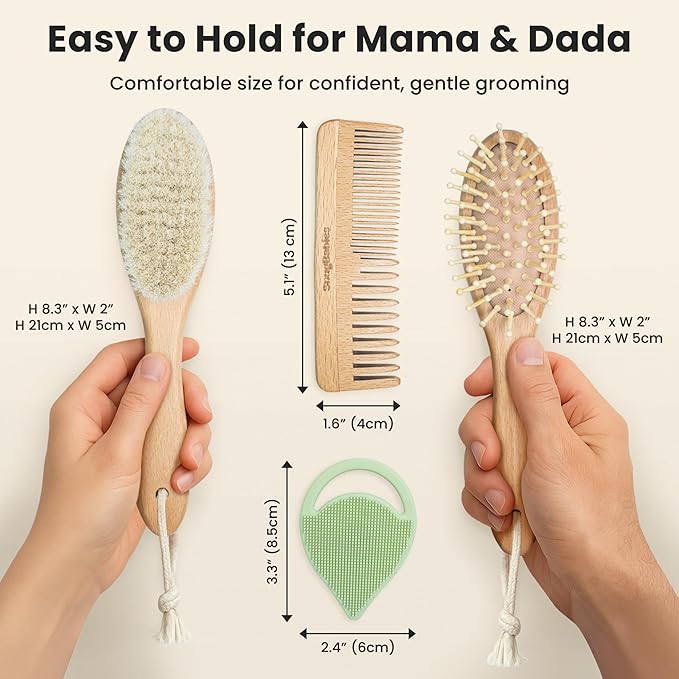 Baby Hair Brush & Comb Set for Newborns - Gentle Goat-Hair & Bamboo Bristle Hairbrushes with Easy Grip Wooden Handles - 5-Pack Baby Brush Set with a Cotton Travel Pouch - Gifts for Boys & Girls