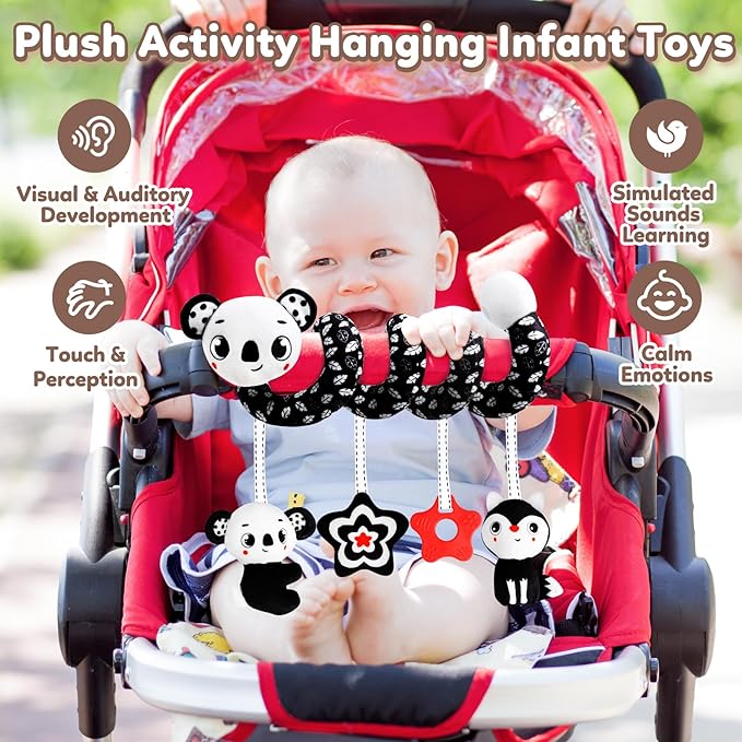 Baby Carseat Toy Black & White Rattle Spiral Hanging Activity Stroller Toy for Newborns Boys and Girls - Koala