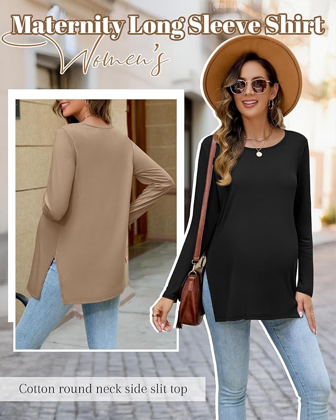 Riyiper 3 Pack Women's Maternity Long Sleeve T-Shirts Round Neck Side Split Tops Loose Casual Pregnancy Mama Clothes Fall