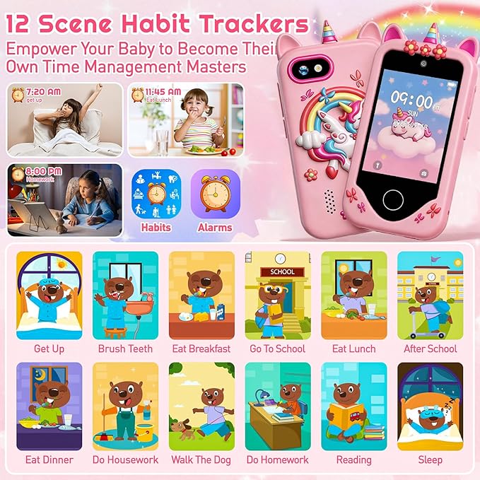 Kids Smart Phone for Girls, Touchscreen, 64GB Card Birthday Gifts for Girls Age 3, 4, 5, 6, 7, 8, 10 Year Old, Toddler Educational Learning Toys Phone with Dual Camera, Game, Music Player