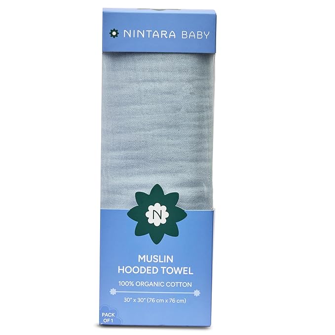 NINTARABABY Hands-Free Hooded Towel - 100% Organic Premium Muslin Cotton, 30" x 30", Ultra-Absorbent, Soft, Breathable, Hypoallergenic, Multipurpose, Gifts for Babies & Infants
