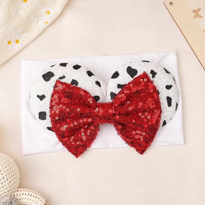 1PC Mouse Ears Nylon Headband Baby Girl Headwrap, Toddler Kids Party Halloween Christamas supplies (Red Bow White Spot)