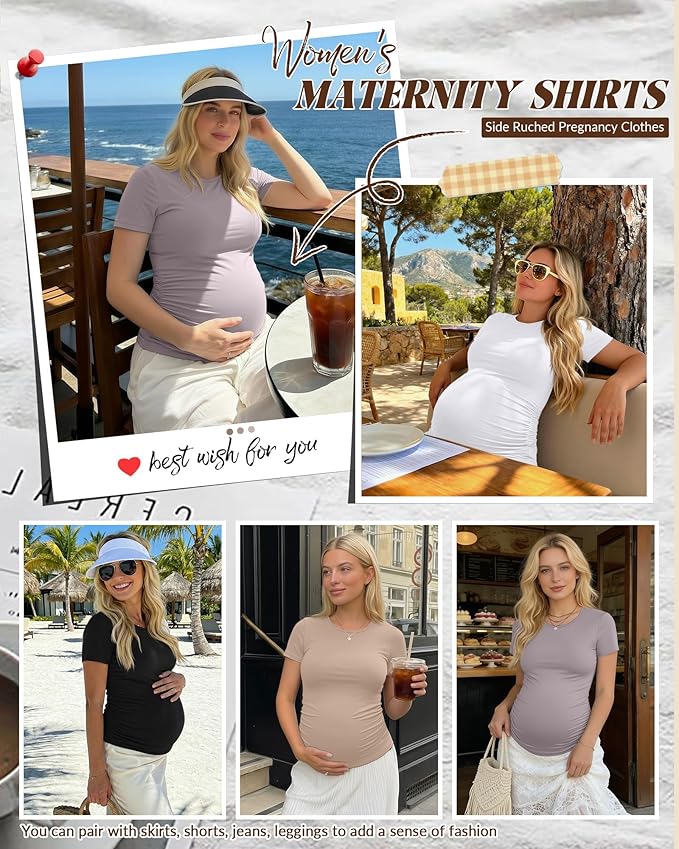 Huukeay 4 Pack Women's Maternity Shirts, Crew Neck Maternity Top Short Sleeve Casual Cotton Tee Side Ruched Pregnancy Clothes