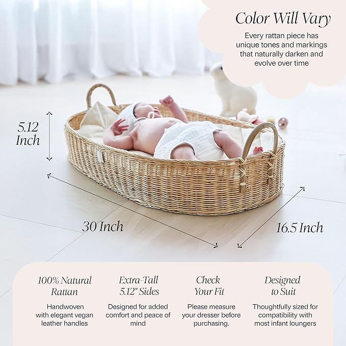 BEBE BASK Premium Baby Changing Basket - Artisan-Crafted Rattan with Extra High Sides - Wicker Changing Basket for Baby Dresser - All Accessories Included - Complete Set for Nursery (Rattan)